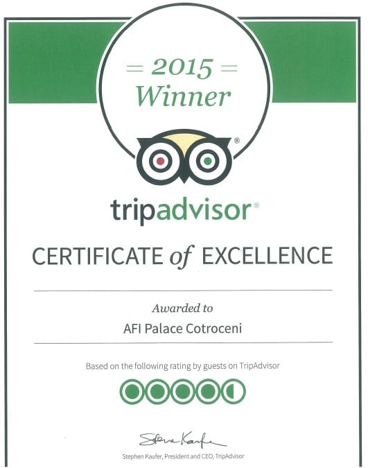 TripAdvisor Certificate of Excellence AFI Palace Cotroceni 2015