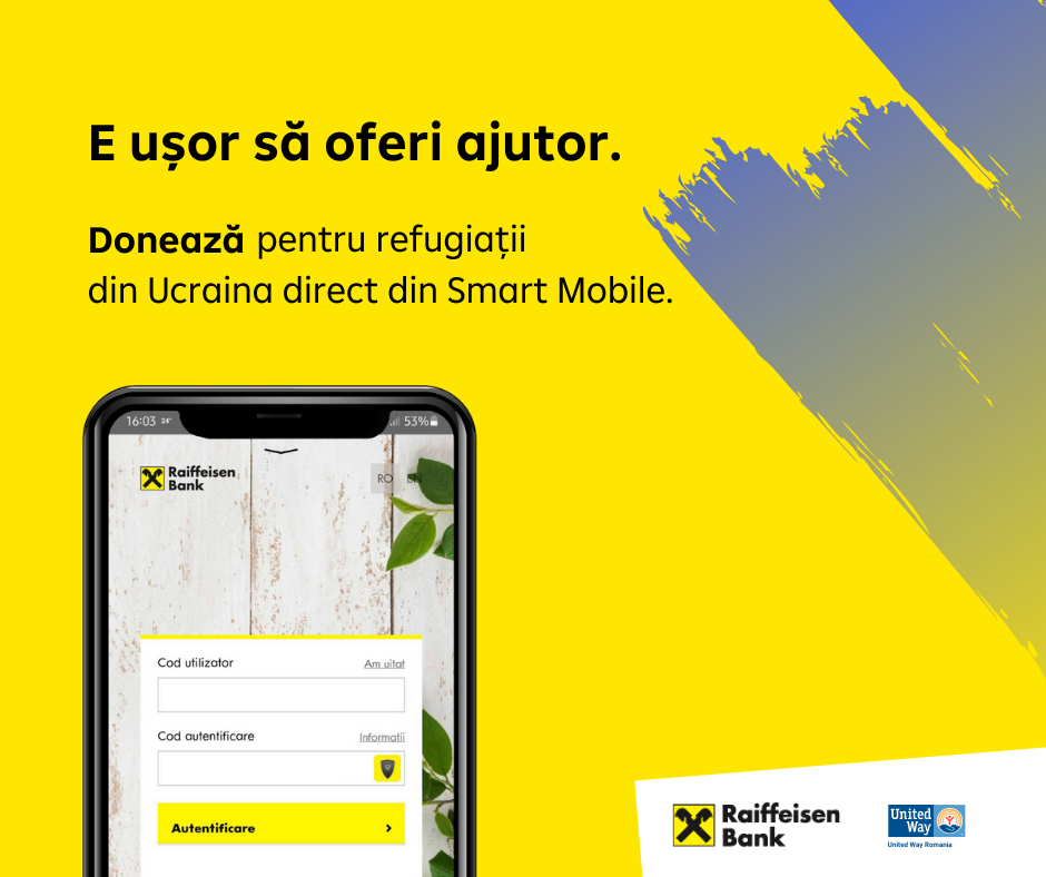 Aplicația Smart Mobile Raiffeisen Bank permite donații rapide pentru Ucraina