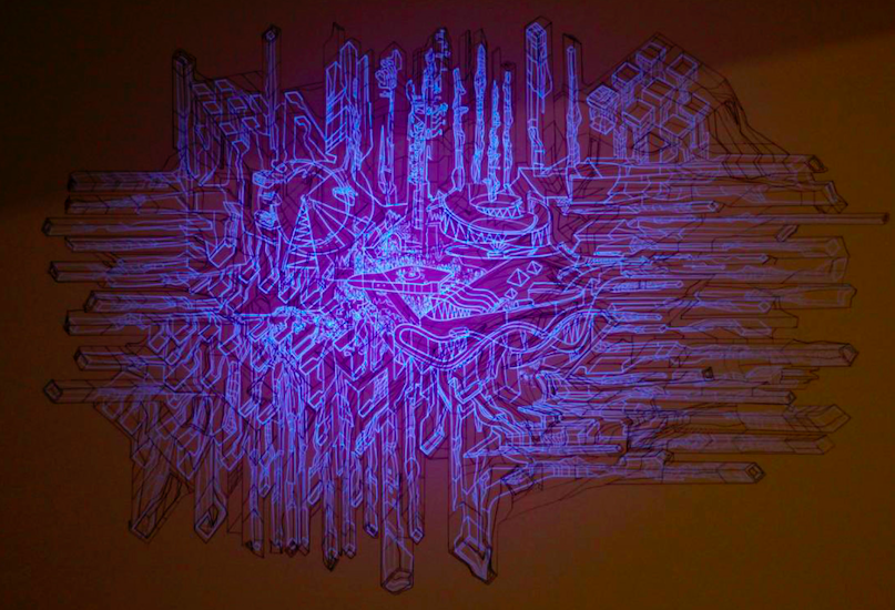 Grupul E T A J artist-run space traversează pentru prima dată Oceanul, în căutarea visului american 4 Lucian SANDU MILEA The Invisible City 120x100 cm acrylic marker and paint with UV reactive luminescent effect canvas on wooden frame1