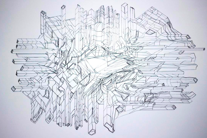 Grupul E T A J artist-run space traversează pentru prima dată Oceanul, în căutarea visului american 5 Lucian SANDU MILEA The Invisible City 120x100 cm acrylic marker and paint with UV reactive luminescent effect canvas on wooden frame2