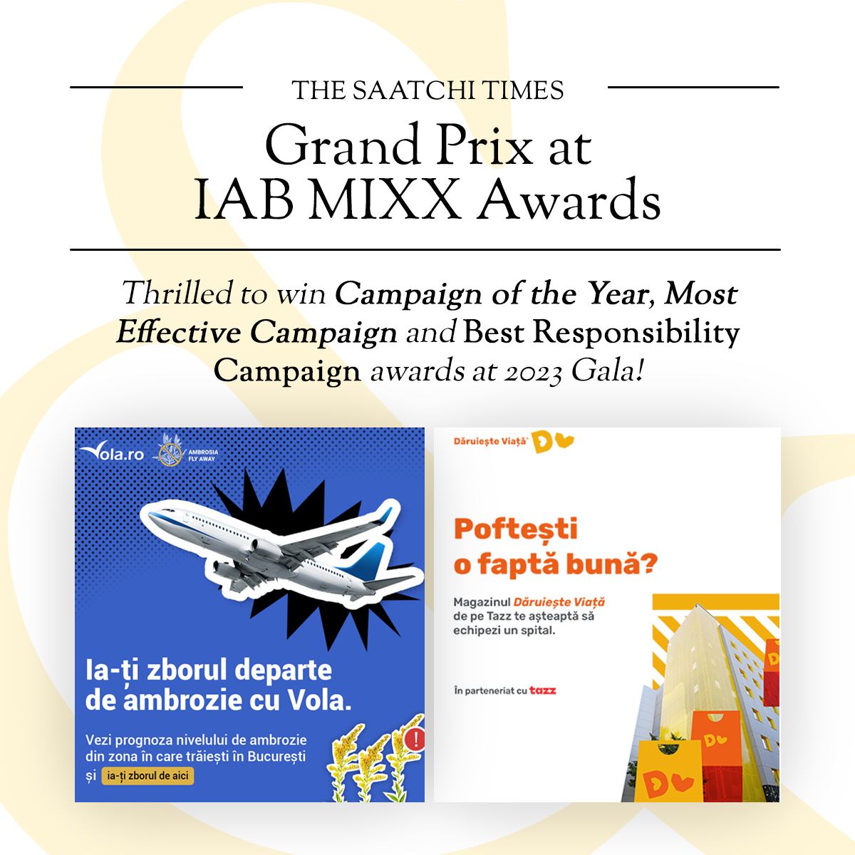 Saatchi Creative Hub câștigă Grand Mixx Award la IAB Mixx Awards 2023