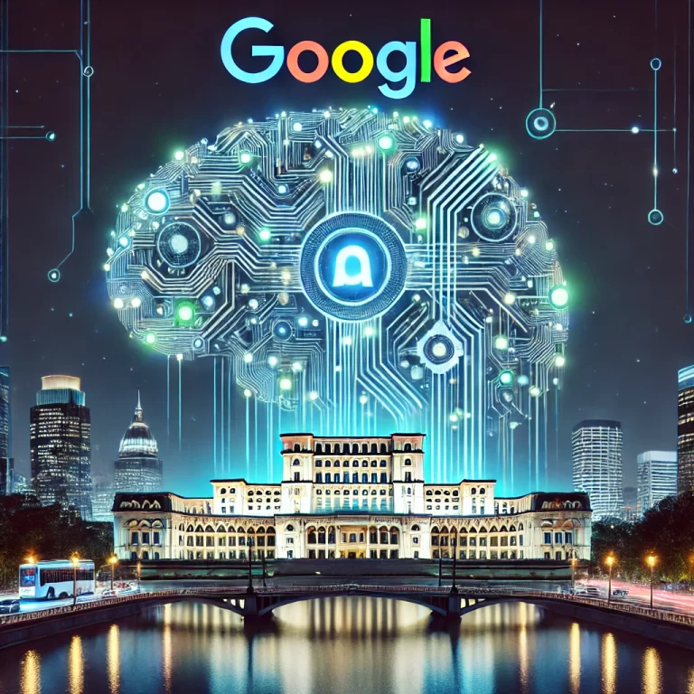 DALL·E 2024 10 24 13.35.37 A representation of artificial intelligence in public administration by Google adapted to Romania. A digital brain made of interconnected nodes and c