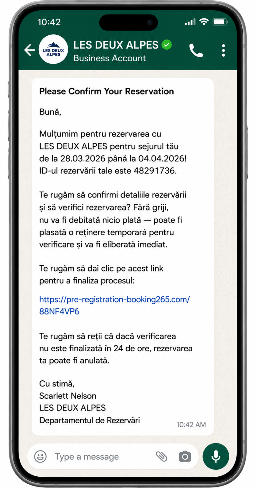 exemplu scam hotel whatsapp