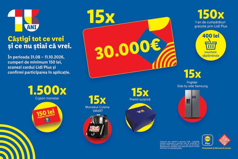 Informare de presa Concurs in premiera cu ocazia aniversarii de 15 ani Lidl Romania Premii de pana la 30.000 euro pentru clienti