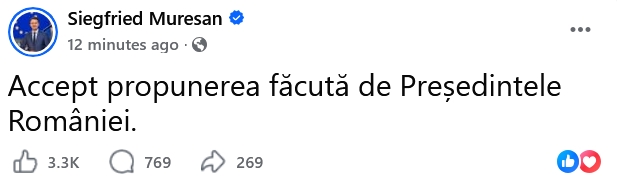 Siegfried Mureșan, nominalizarea de premier făcută de Nicușor Dan 1 Sigfried Muresan premier confirmare Facebook
